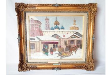 現代ソビエト絵画　アラロフB.H.　月光荘取り扱い　「冬のザゴルスク」　油絵(油彩、風景画、額装)(R-070733)