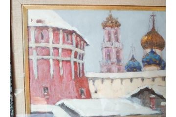 現代ソビエト絵画　アラロフB.H.　月光荘取り扱い　「冬のザゴルスク」　油絵(油彩、風景画、額装)(R-070733)