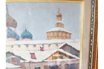 現代ソビエト絵画　アラロフB.H.　月光荘取り扱い　「冬のザゴルスク」　油絵(油彩、風景画、額装)(R-070733)