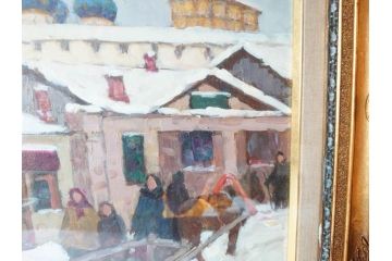 現代ソビエト絵画　アラロフB.H.　月光荘取り扱い　「冬のザゴルスク」　油絵(油彩、風景画、額装)(R-070733)