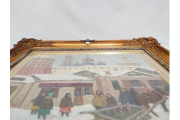 現代ソビエト絵画　アラロフB.H.　月光荘取り扱い　「冬のザゴルスク」　油絵(油彩、風景画、額装)(R-070733)