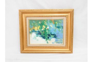 遊馬正　「睡蓮」　1978　4号(F4)　柔らかな風を感じる油彩(油絵、絵画、風景画、額装、ASOMA TADASHI)(R-070735)