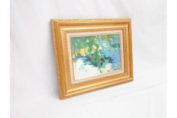 遊馬正　「睡蓮」　1978　4号(F4)　柔らかな風を感じる油彩(油絵、絵画、風景画、額装、ASOMA TADASHI)(R-070735)