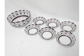 大正〜昭和初期　切子　細やかな意匠が施されたボウル&皿6枚セット(ガラス、硝子、深皿)(R-070736)