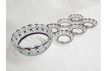 大正〜昭和初期　切子　細やかな意匠が施されたボウル&皿6枚セット(ガラス、硝子、深皿)(R-070736)