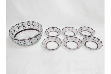 大正〜昭和初期　切子　細やかな意匠が施されたボウル&皿6枚セット(ガラス、硝子、深皿)(R-070736)