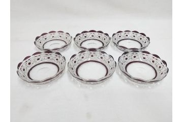 大正〜昭和初期　切子　細やかな意匠が施されたボウル&皿6枚セット(ガラス、硝子、深皿)(R-070736)