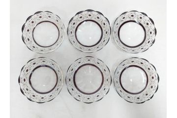 大正〜昭和初期　切子　細やかな意匠が施されたボウル&皿6枚セット(ガラス、硝子、深皿)(R-070736)