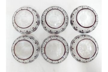 大正〜昭和初期　切子　細やかな意匠が施されたボウル&皿6枚セット(ガラス、硝子、深皿)(R-070736)