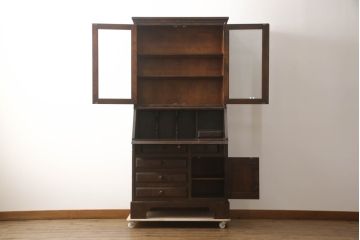 中古　北海道民芸家具　収納に便利な本棚付き!!　シックなビューローブックケース(ライティングビューロー、簿記机、引き出し、ブックシェルフ、本棚、飾り棚、収納棚、ワークデスク、在宅ワーク、在宅用)(定価約50万円)(R-070754)