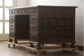 中古　松本民芸家具　希少!　脚のデザインが特徴的なH型両袖机(両袖デスク、机、在宅ワーク、在宅用ワークデスク)(定価約99万円)(R-070757)