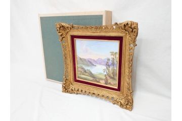 英国　古窯　十九世紀　色絵　山湖風景文　美しい風景を堪能できる陶額(絵画、額装、陶画、箱付き、イギリス)(R-070763)