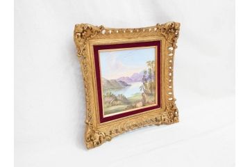 英国　古窯　十九世紀　色絵　山湖風景文　美しい風景を堪能できる陶額(絵画、額装、陶画、箱付き、イギリス)(R-070763)