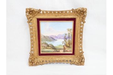 英国　古窯　十九世紀　色絵　山湖風景文　美しい風景を堪能できる陶額(絵画、額装、陶画、箱付き、イギリス)(R-070763)