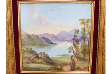 英国　古窯　十九世紀　色絵　山湖風景文　美しい風景を堪能できる陶額(絵画、額装、陶画、箱付き、イギリス)(R-070763)