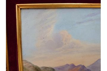英国　古窯　十九世紀　色絵　山湖風景文　美しい風景を堪能できる陶額(絵画、額装、陶画、箱付き、イギリス)(R-070763)