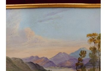 英国　古窯　十九世紀　色絵　山湖風景文　美しい風景を堪能できる陶額(絵画、額装、陶画、箱付き、イギリス)(R-070763)