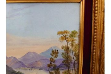 英国　古窯　十九世紀　色絵　山湖風景文　美しい風景を堪能できる陶額(絵画、額装、陶画、箱付き、イギリス)(R-070763)