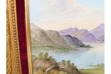英国　古窯　十九世紀　色絵　山湖風景文　美しい風景を堪能できる陶額(絵画、額装、陶画、箱付き、イギリス)(R-070763)
