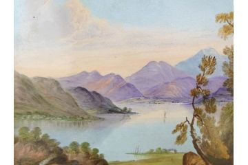 英国　古窯　十九世紀　色絵　山湖風景文　美しい風景を堪能できる陶額(絵画、額装、陶画、箱付き、イギリス)(R-070763)