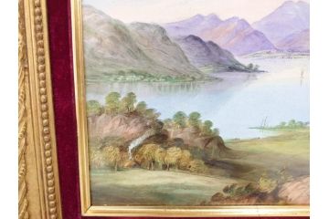 英国　古窯　十九世紀　色絵　山湖風景文　美しい風景を堪能できる陶額(絵画、額装、陶画、箱付き、イギリス)(R-070763)
