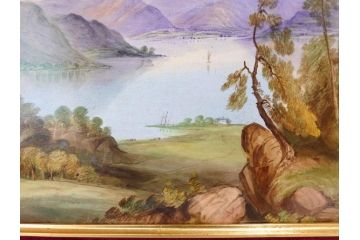 英国　古窯　十九世紀　色絵　山湖風景文　美しい風景を堪能できる陶額(絵画、額装、陶画、箱付き、イギリス)(R-070763)