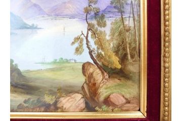 英国　古窯　十九世紀　色絵　山湖風景文　美しい風景を堪能できる陶額(絵画、額装、陶画、箱付き、イギリス)(R-070763)
