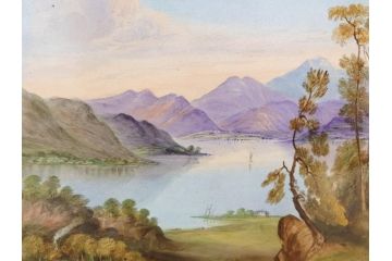 英国　古窯　十九世紀　色絵　山湖風景文　美しい風景を堪能できる陶額(絵画、額装、陶画、箱付き、イギリス)(R-070763)