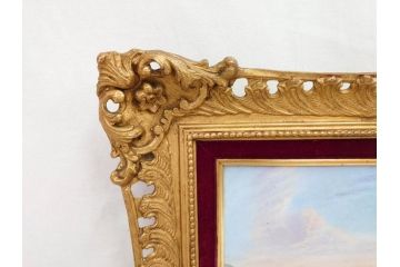 英国　古窯　十九世紀　色絵　山湖風景文　美しい風景を堪能できる陶額(絵画、額装、陶画、箱付き、イギリス)(R-070763)