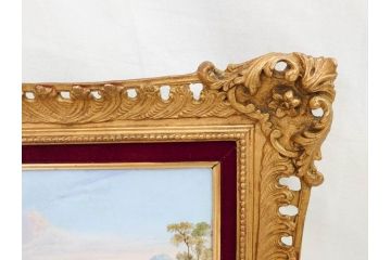 英国　古窯　十九世紀　色絵　山湖風景文　美しい風景を堪能できる陶額(絵画、額装、陶画、箱付き、イギリス)(R-070763)