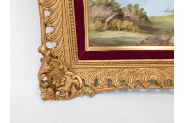 英国　古窯　十九世紀　色絵　山湖風景文　美しい風景を堪能できる陶額(絵画、額装、陶画、箱付き、イギリス)(R-070763)