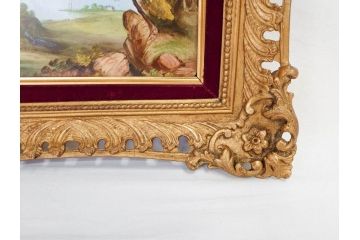 英国　古窯　十九世紀　色絵　山湖風景文　美しい風景を堪能できる陶額(絵画、額装、陶画、箱付き、イギリス)(R-070763)