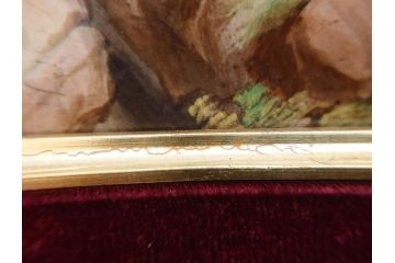 英国　古窯　十九世紀　色絵　山湖風景文　美しい風景を堪能できる陶額(絵画、額装、陶画、箱付き、イギリス)(R-070763)