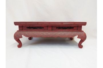 昭和初期　堆朱　牡丹彫　緻密な彫りの意匠が見事な平卓(花台、ミニテーブル、飾り台、木製、箱付き)(R-070764)