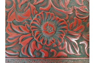 昭和初期　堆朱　牡丹彫　緻密な彫りの意匠が見事な平卓(花台、ミニテーブル、飾り台、木製、箱付き)(R-070764)