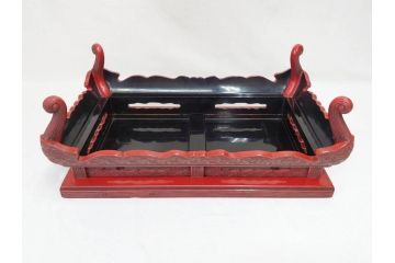 昭和初期　堆朱　牡丹彫　緻密な彫りの意匠が見事な平卓(花台、ミニテーブル、飾り台、木製、箱付き)(R-070764)