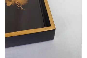 加藤勝次郎　輪島塗　総黒金縁文人松　別製　布着堅地　美しい金蒔絵が上品な雰囲気を感じさせる会席膳10客セット(木製、お膳、漆器、沈金、松葉、松の実、箱付き、袋付き)(R-070771)