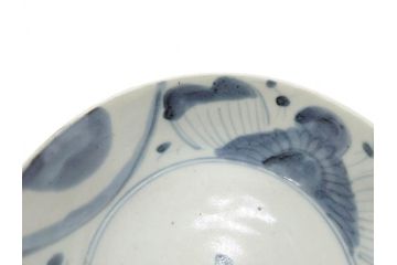 江戸期　古伊万里　染付　草花文　五弁花文　約14cm　4.4寸　落ち着いた色合いが上品な印象を与えるなます皿3枚セット(深皿、和皿、和食器、四寸四分)(R-070776)