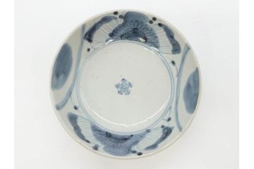 江戸期　古伊万里　染付　草花文　五弁花文　約14cm　4.4寸　落ち着いた色合いが上品な印象を与えるなます皿3枚セット(深皿、和皿、和食器、四寸四分)(R-070776)