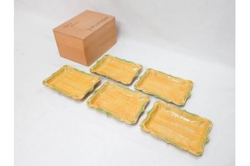 古余呂技窯　川瀬竹志　黄地緑彩輪花　約20cm　6.6寸　鮮やかな色合いが食卓を華やかにする長方皿5枚セット(変形皿、和皿、和食器、共箱付き、六寸六分)(R-070778)