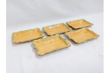 古余呂技窯　川瀬竹志　黄地緑彩輪花　約20cm　6.6寸　鮮やかな色合いが食卓を華やかにする長方皿5枚セット(変形皿、和皿、和食器、共箱付き、六寸六分)(R-070778)