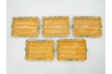 古余呂技窯　川瀬竹志　黄地緑彩輪花　約20cm　6.6寸　鮮やかな色合いが食卓を華やかにする長方皿5枚セット(変形皿、和皿、和食器、共箱付き、六寸六分)(R-070778)