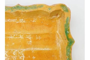 古余呂技窯　川瀬竹志　黄地緑彩輪花　約20cm　6.6寸　鮮やかな色合いが食卓を華やかにする長方皿5枚セット(変形皿、和皿、和食器、共箱付き、六寸六分)(R-070778)