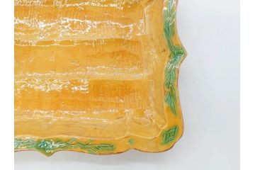 古余呂技窯　川瀬竹志　黄地緑彩輪花　約20cm　6.6寸　鮮やかな色合いが食卓を華やかにする長方皿5枚セット(変形皿、和皿、和食器、共箱付き、六寸六分)(R-070778)