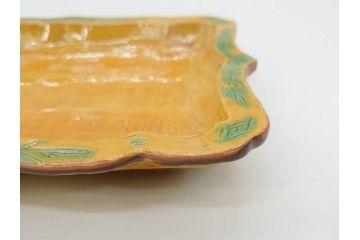 古余呂技窯　川瀬竹志　黄地緑彩輪花　約20cm　6.6寸　鮮やかな色合いが食卓を華やかにする長方皿5枚セット(変形皿、和皿、和食器、共箱付き、六寸六分)(R-070778)