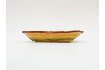 古余呂技窯　川瀬竹志　黄地緑彩輪花　約20cm　6.6寸　鮮やかな色合いが食卓を華やかにする長方皿5枚セット(変形皿、和皿、和食器、共箱付き、六寸六分)(R-070778)