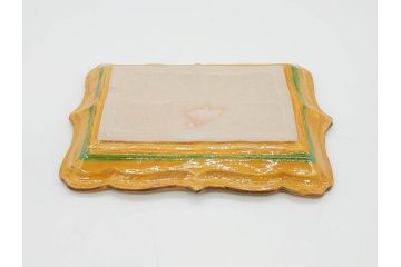 古余呂技窯　川瀬竹志　黄地緑彩輪花　約20cm　6.6寸　鮮やかな色合いが食卓を華やかにする長方皿5枚セット(変形皿、和皿、和食器、共箱付き、六寸六分)(R-070778)