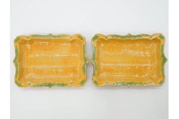 古余呂技窯　川瀬竹志　黄地緑彩輪花　約20cm　6.6寸　鮮やかな色合いが食卓を華やかにする長方皿5枚セット(変形皿、和皿、和食器、共箱付き、六寸六分)(R-070778)