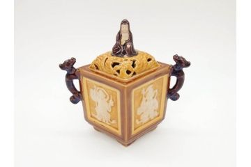 九谷焼　徳田八十吉　瑞稲釉(瑞穂?)　菱形　四天王図　龍双耳　観音摘　意匠を凝らしたつくりが見事な香炉(共箱付き)(R-070782)