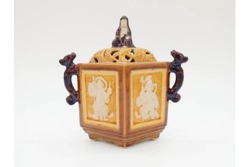 九谷焼　徳田八十吉　瑞稲釉(瑞穂?)　菱形　四天王図　龍双耳　観音摘　意匠を凝らしたつくりが見事な香炉(共箱付き)(R-070782)